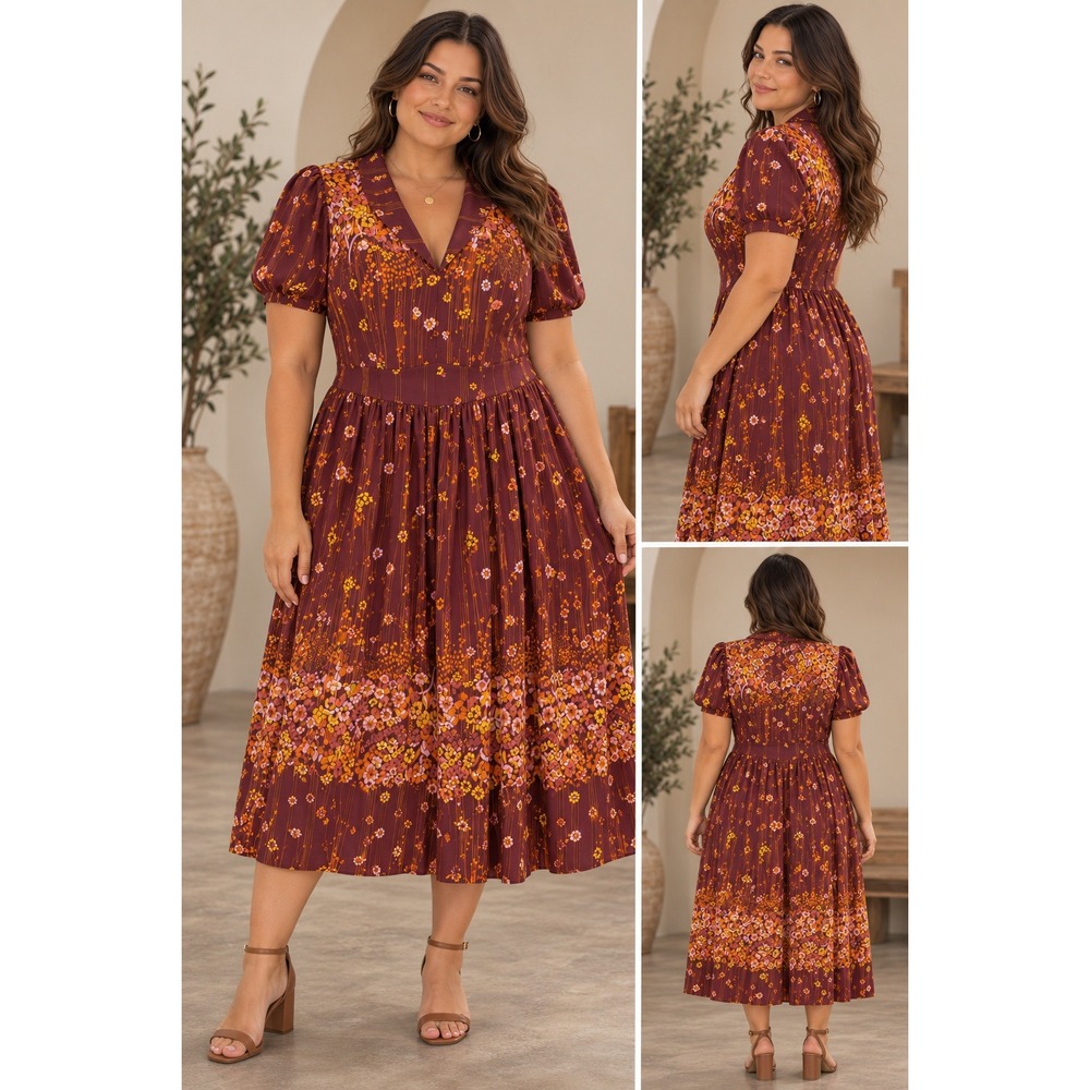 ModCloth Short Sleeve Dress Womens 1X Burgundy Floral Retro 70s Cottagecore Fall